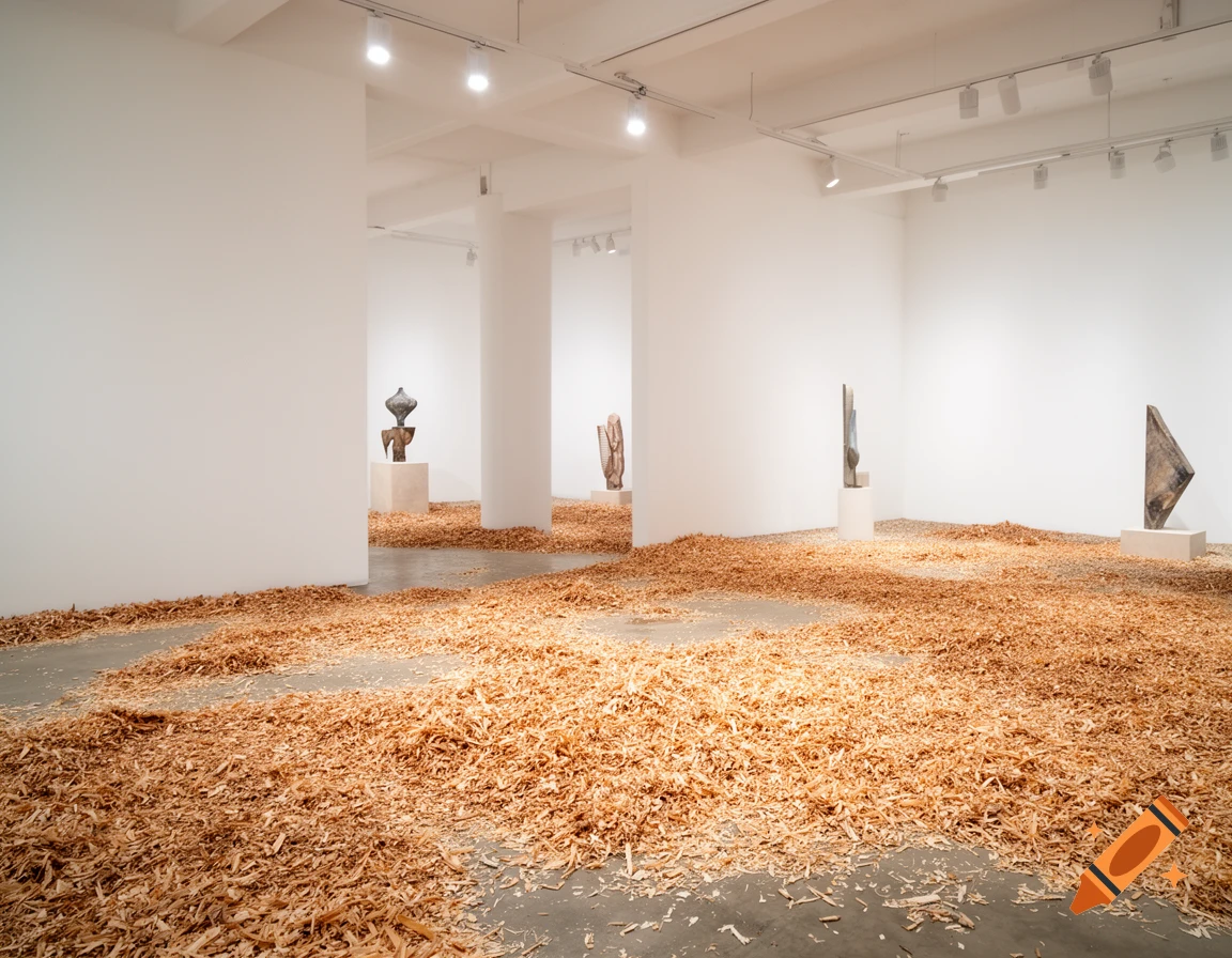 A contemporary art gallery with white walls, columns, and abstract sculptures, featuring wood shavings covering the floor.