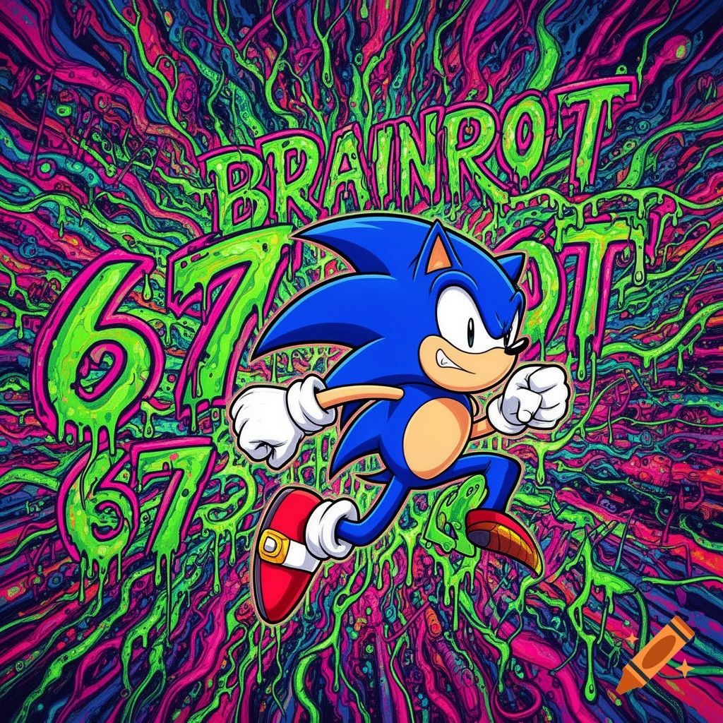 Sonic the Hedgehog runs amidst a vibrant, psychedelic background of swirling neon green and pink lines, with the words 'BRAINROT' and '67' in dripping green text.