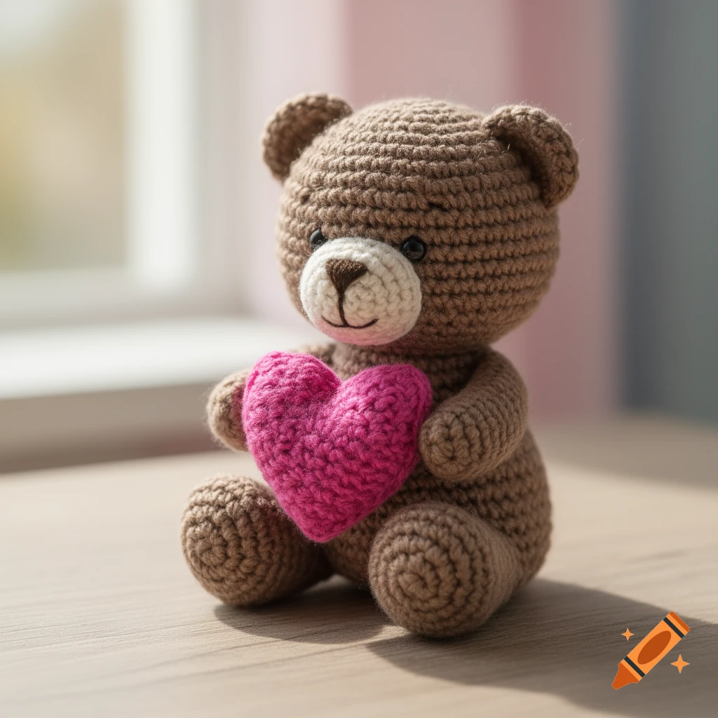 A brown crocheted teddy bear with a white snout and black eyes sits on a wooden surface, holding a bright pink crocheted heart.