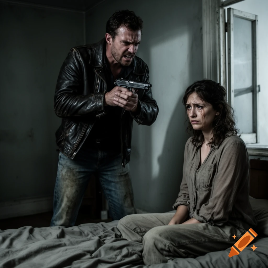 A man in a leather jacket angrily holds a gun towards a crying woman sitting on a bed in a dimly lit room.