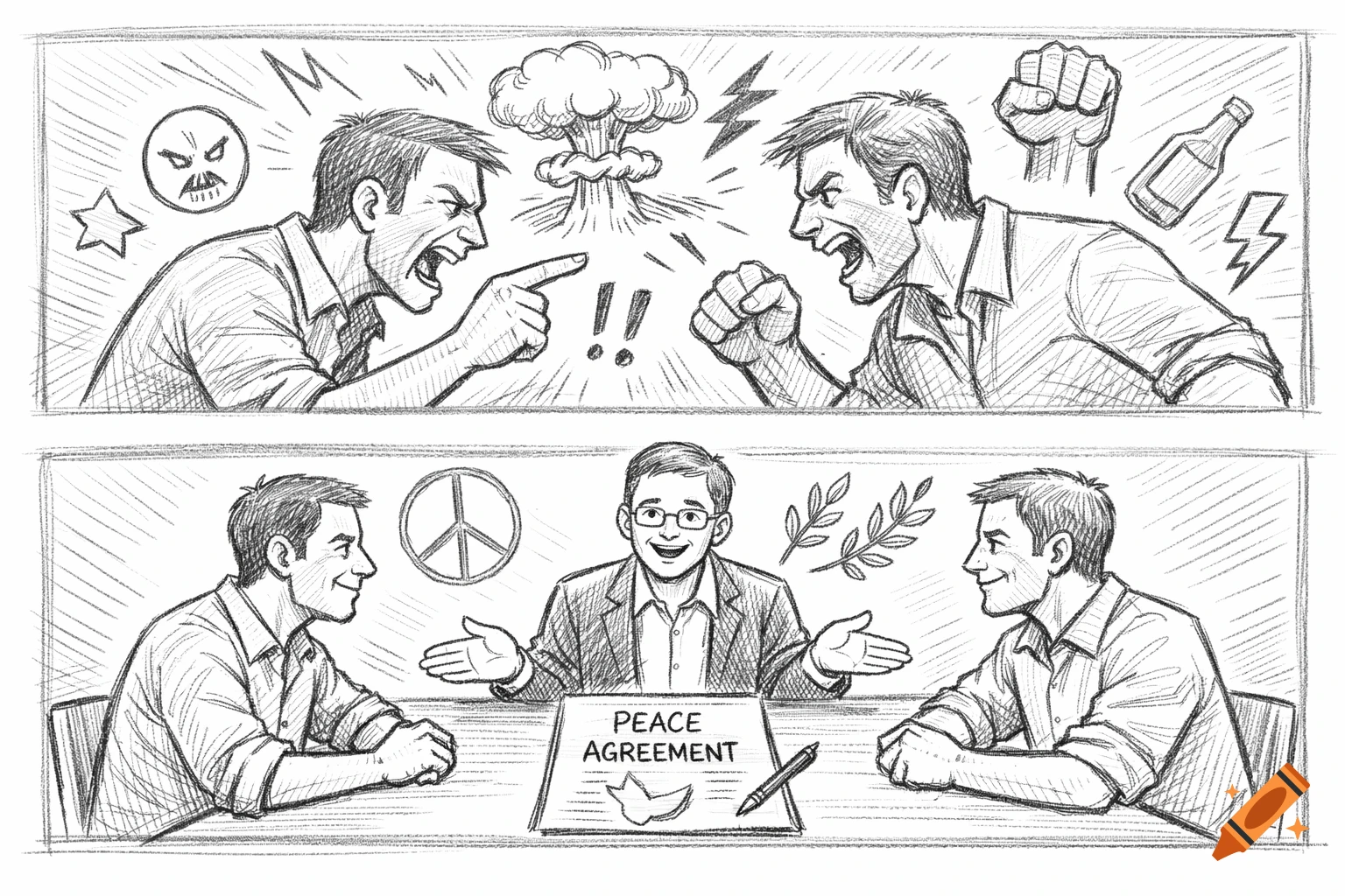 A two-panel pencil sketch shows men first arguing with conflict symbols, then reaching a peace agreement with a mediator.