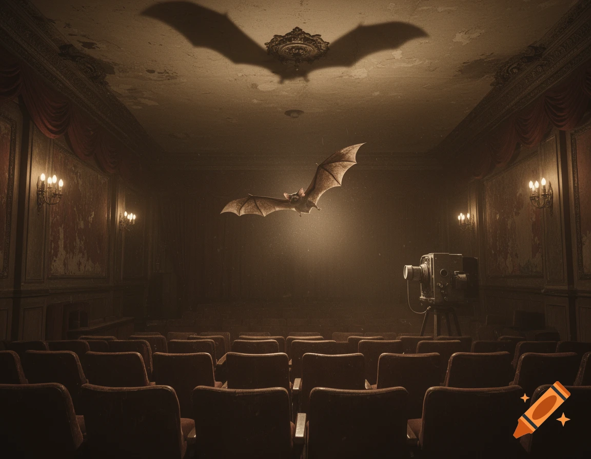 A large bat flies through a dusty, abandoned vintage cinema, illuminated by a single spotlight, casting a shadow on the ceiling.