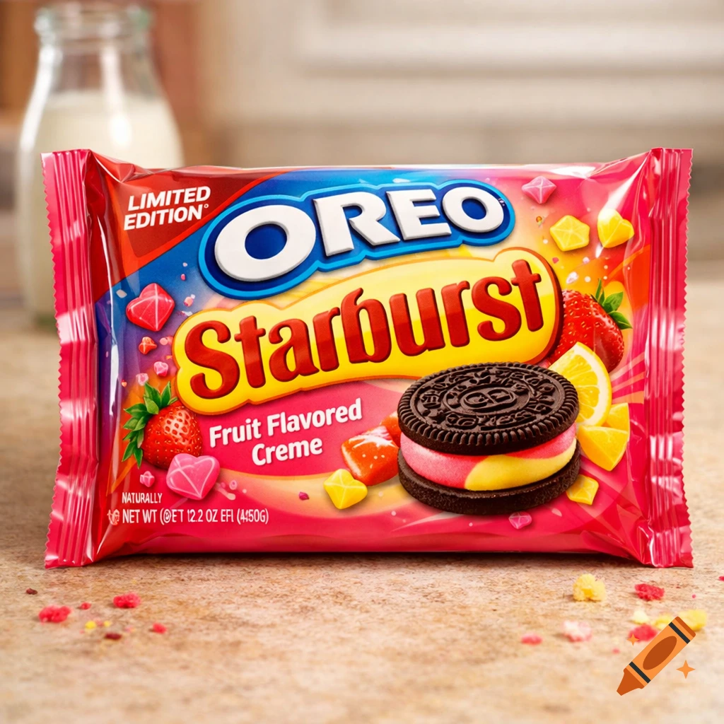 A package of 'Limited Edition' Oreo Starburst cookies with pink and yellow creme, next to a whole cookie, on a countertop with a milk bottle in the background.