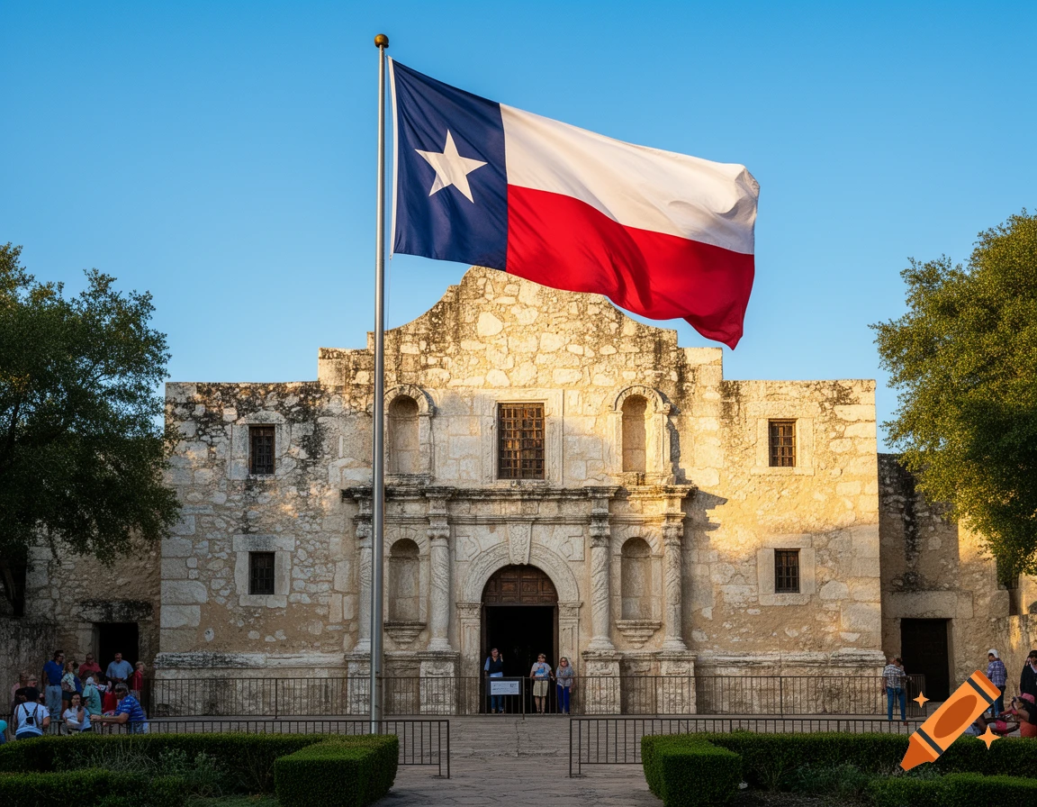 The Texas flag waves above the historic Alamo mission building in San Antonio against a clear blue sky, with people in front.