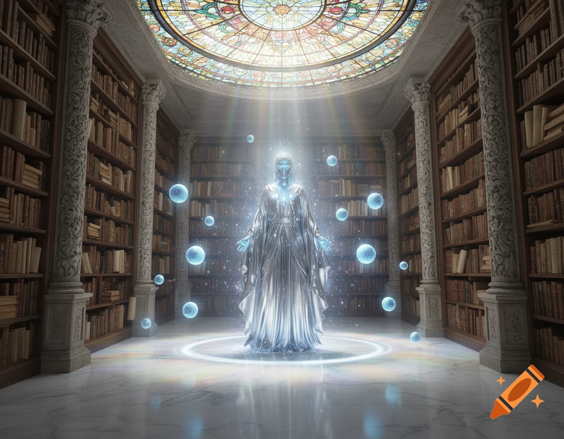 A glowing, ethereal figure stands in a grand library with tall bookshelves and a stained glass dome ceiling, surrounded by floating blue orbs.