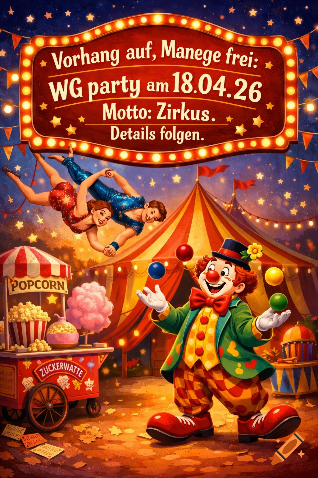 Vibrant circus invitation poster with a juggling clown, flying acrobats, popcorn, cotton candy, and a big top tent under a starry sky.