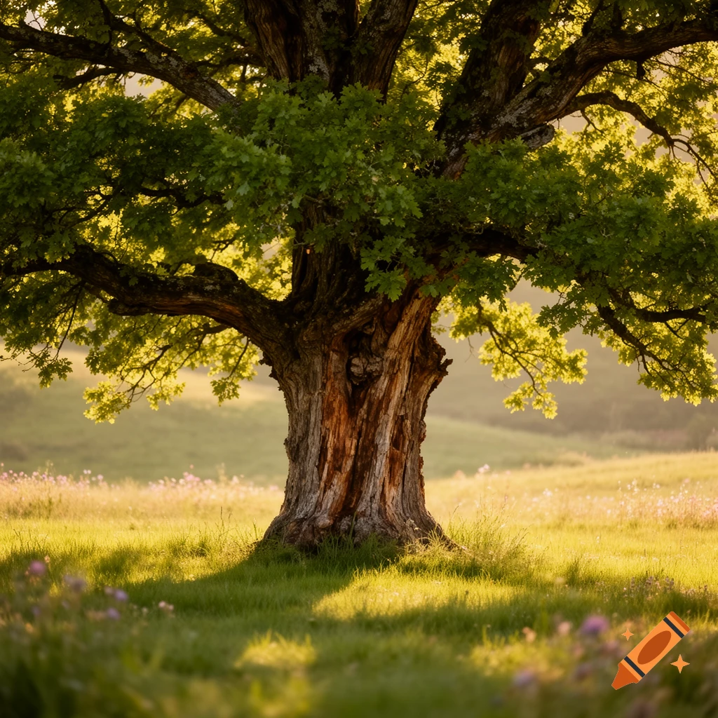 A majestic, old tree with lush green leaves stands in a sun-drenched grassy field, casting dappled shadows.