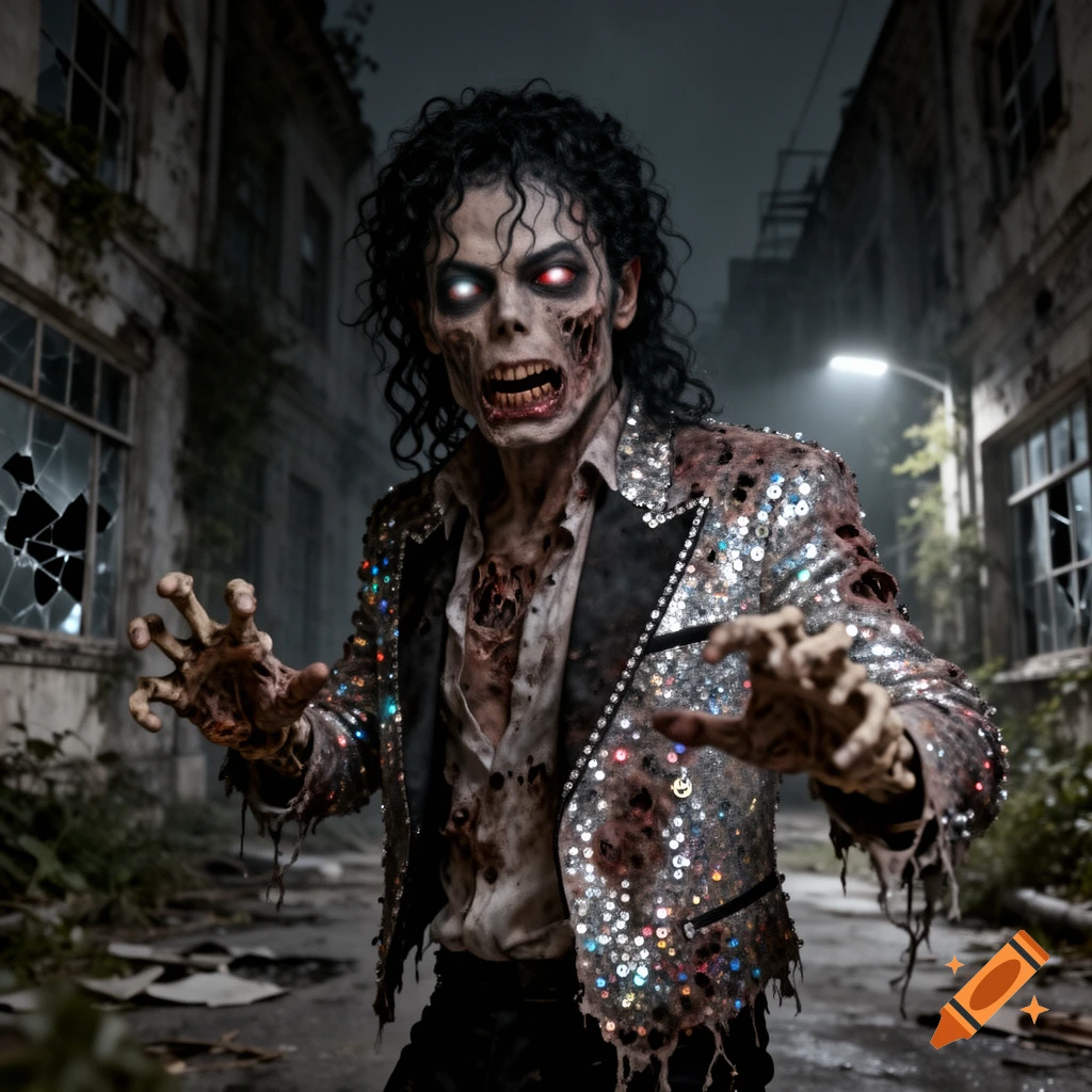 A photorealistic zombie Michael Jackson in a tattered sequined jacket reaches out with clawed hands on a dark, dilapidated street.