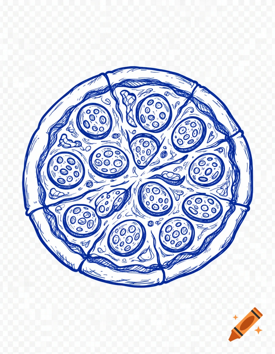 Blue line art doodle of a whole pepperoni pizza, sliced, on a transparent background.