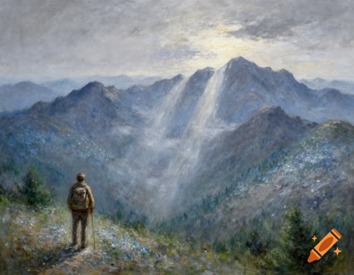 An Impressionist painting shows a hiker looking out over a vast mountain landscape with cool, visible brushstrokes.