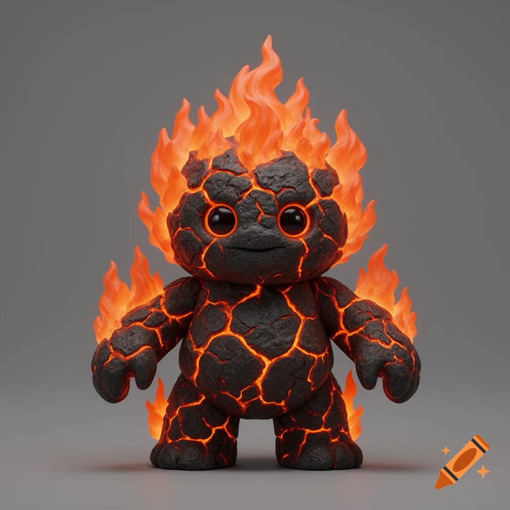 A cute collectible fire elemental creature figurine made of cracked dark volcanic stone with glowing orange magma and sculpted flames.