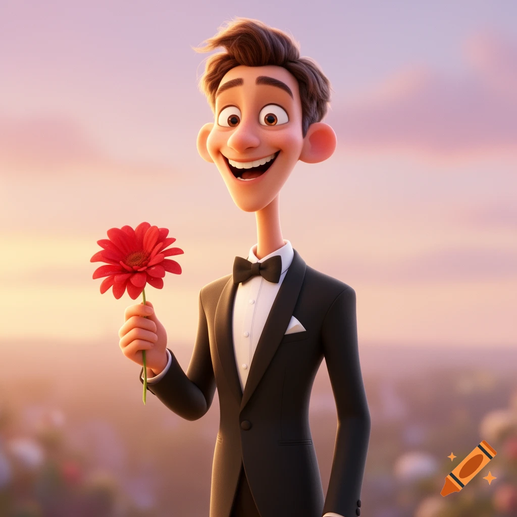 A smiling, slender animated man in a black tuxedo and bow tie holds a red flower against a soft, colorful sky in Pixar style.