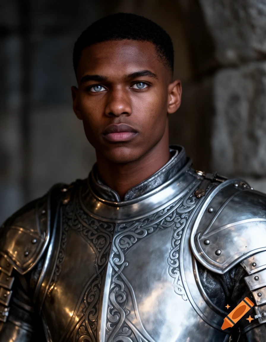 Photorealistic portrait of a young man with dark skin, blue-grey eyes, and short black hair, wearing ornate silver armor.