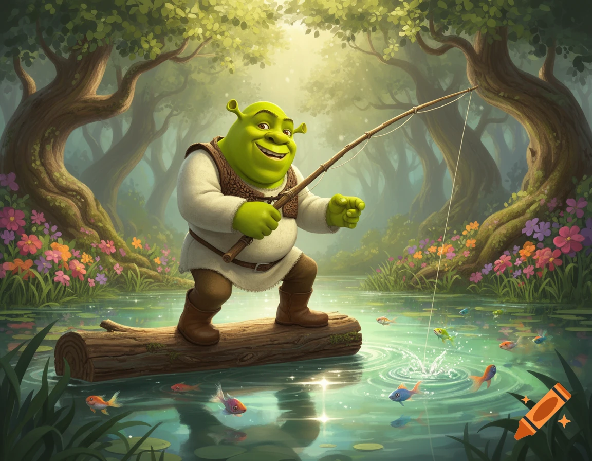 Shrek stands on a log in a vibrant forest pond, fishing amidst colorful fish and lush flora, in an animated style.