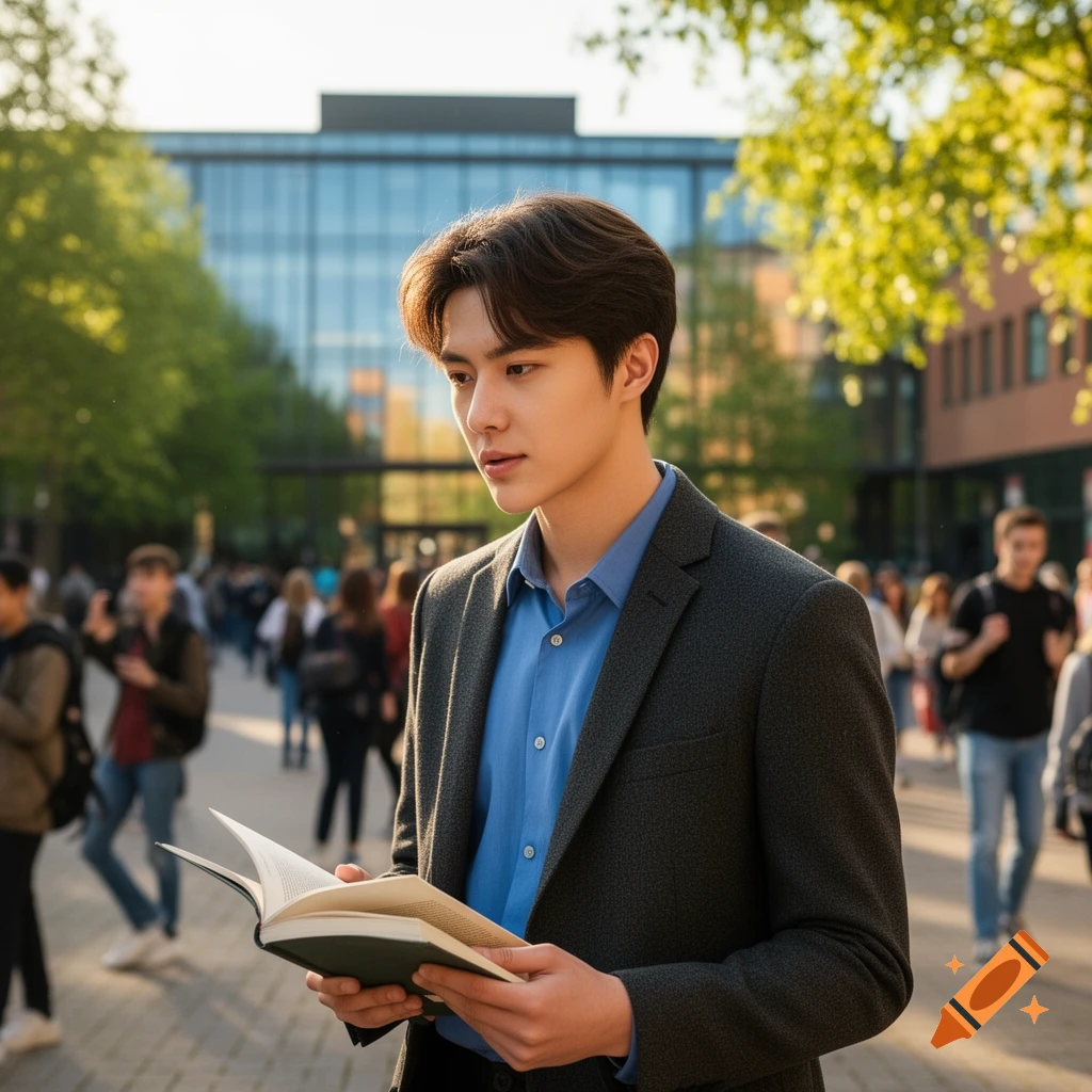 A young male university student reading a book outdoors on a bustling campus, with modern buildings in the background. Photorealistic style.