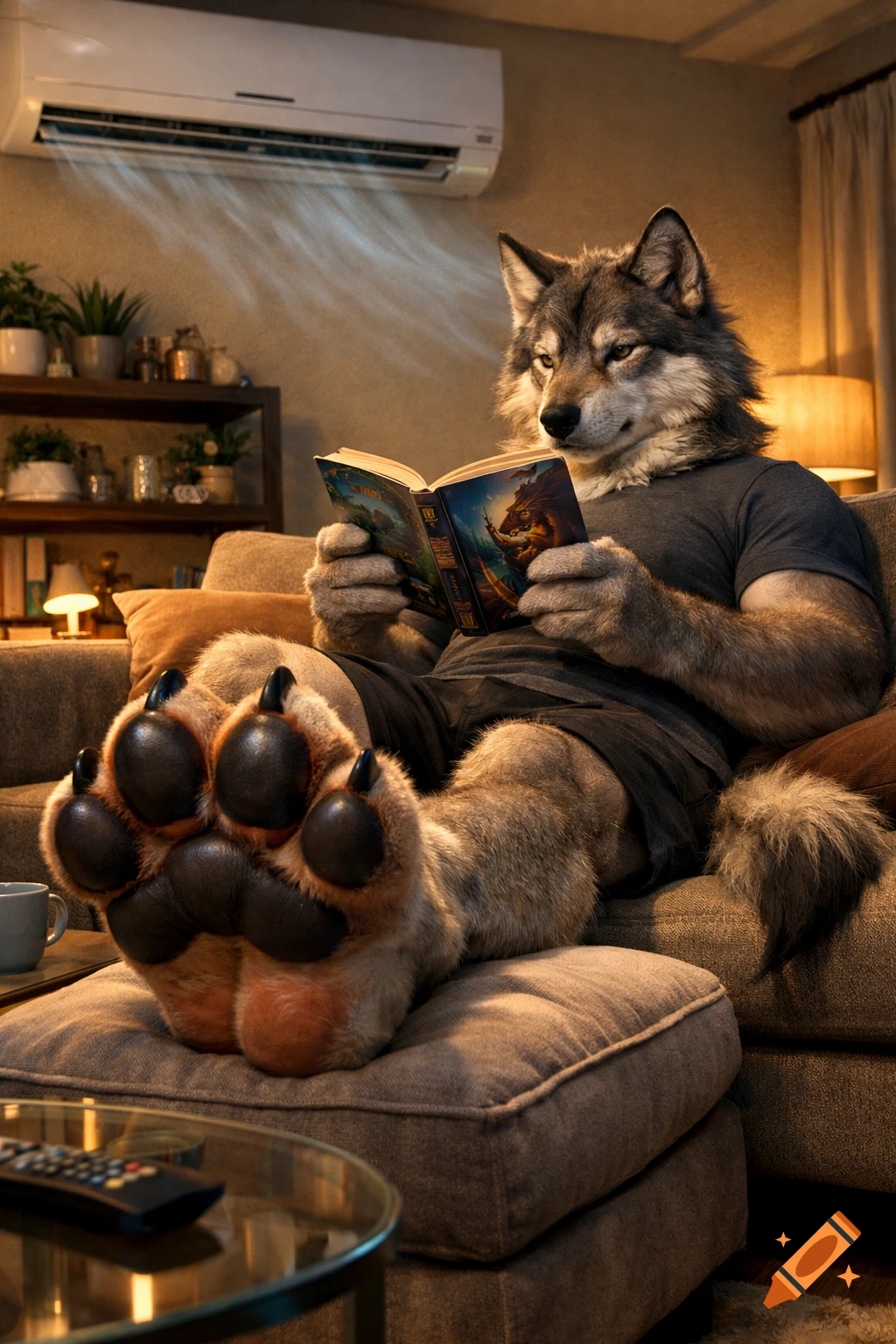 Photorealistic image of an anthropomorphic wolf relaxing on a couch, reading a book, with its large paws in the foreground. An air conditioner is above.