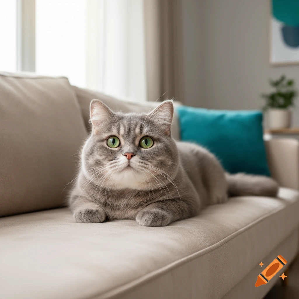 A photorealistic grey tabby cat with green eyes lies on a light beige couch in a sunlit living room.
