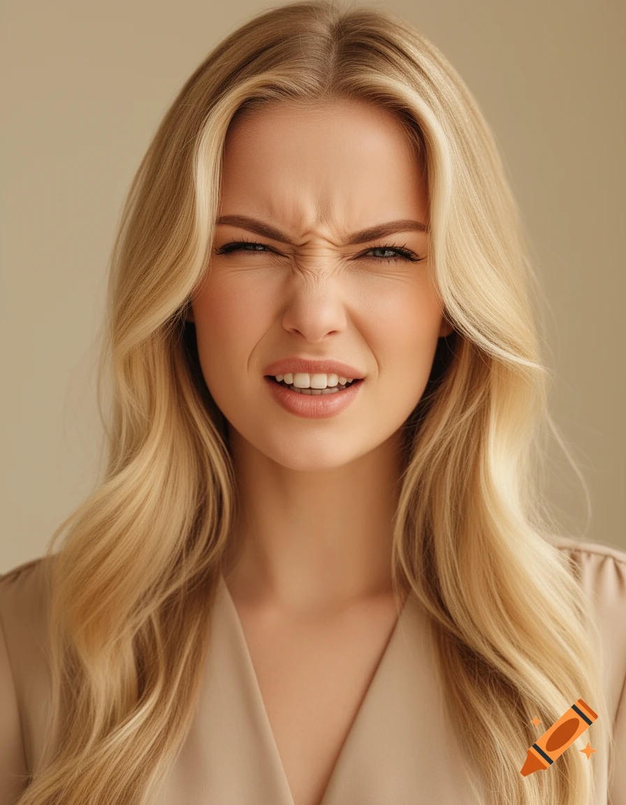 A photorealistic portrait of a blonde woman with a scrunched face, squinting eyes, and an open mouth.