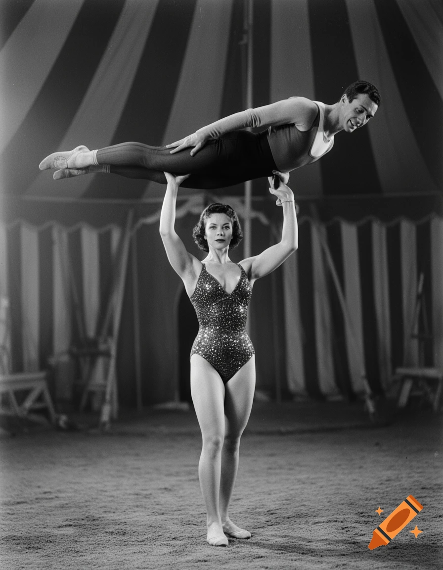 A strong woman in a sparkling leotard holds a man aloft in a circus act, black and white photograph.