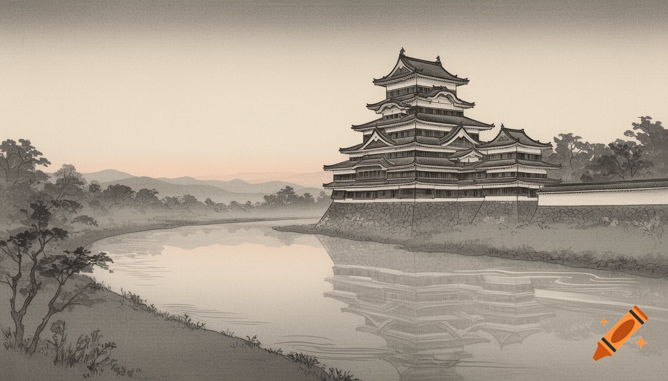 A Japanese castle stands by a tranquil river, reflecting in the water, depicted in a monochromatic Ukiyo-e style with distant mountains.