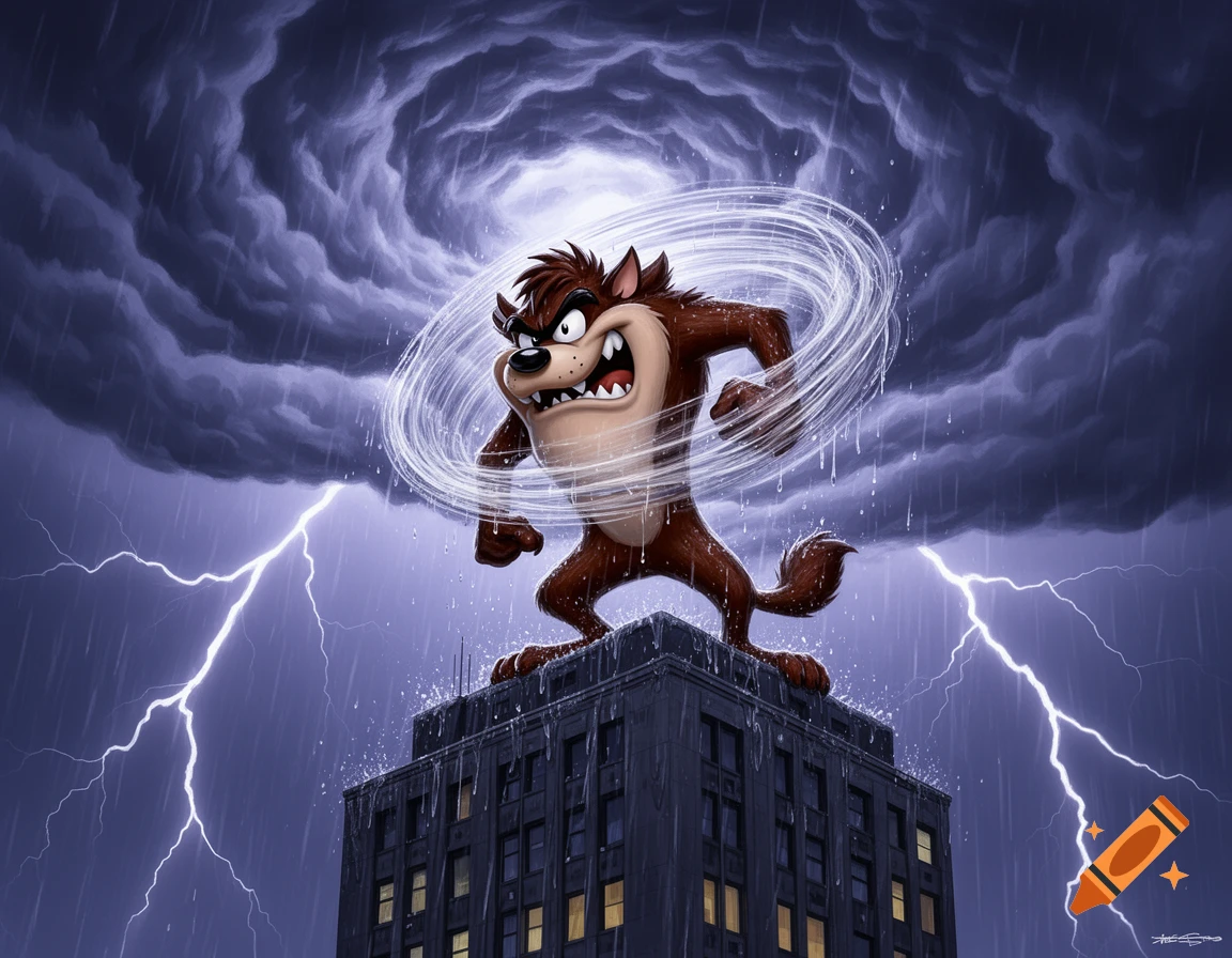 Taz the Tasmanian Devil rages atop a tall building during a stormy night with lightning and heavy rain.