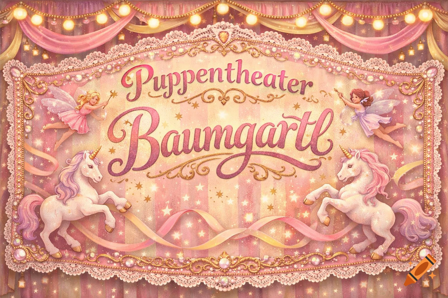 A whimsical pink and gold banner for a puppet theater, featuring the text "Puppentheater Baumgartl," two flying fairies, and two rearing unicorns, all sparkling.