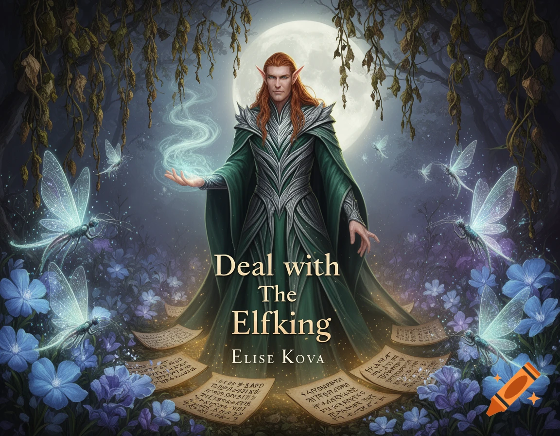 A male elf conjures magic in an enchanted forest with glowing fairies and blue flowers under a full moon. Text reads 'Deal with The Elfking Elise Kova'.