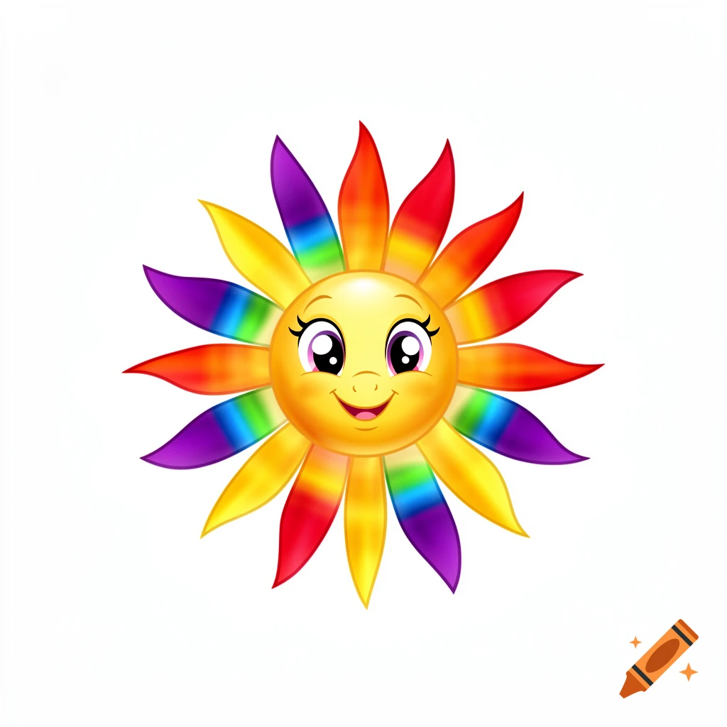 A happy cartoon sun with a golden face and bright rainbow-colored petals, designed in a cutie mark style.