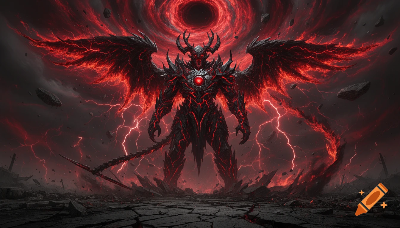 A colossal dark demon with red glowing cracks and large black wings stands in a shattered, apocalyptic landscape under a swirling red void.
