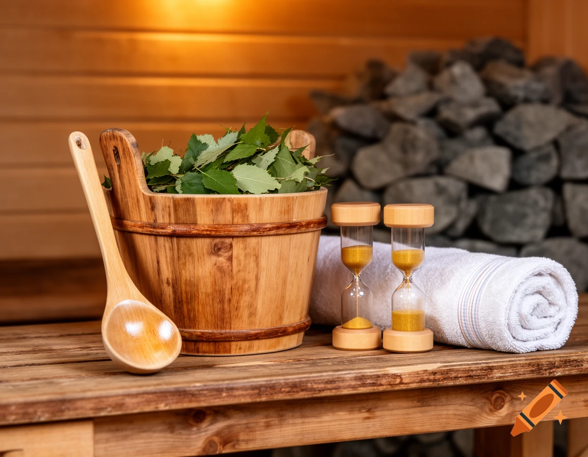 Sauna accessories including a wooden bucket with leaves, ladle, two hourglasses, and a rolled white towel on a wooden bench.