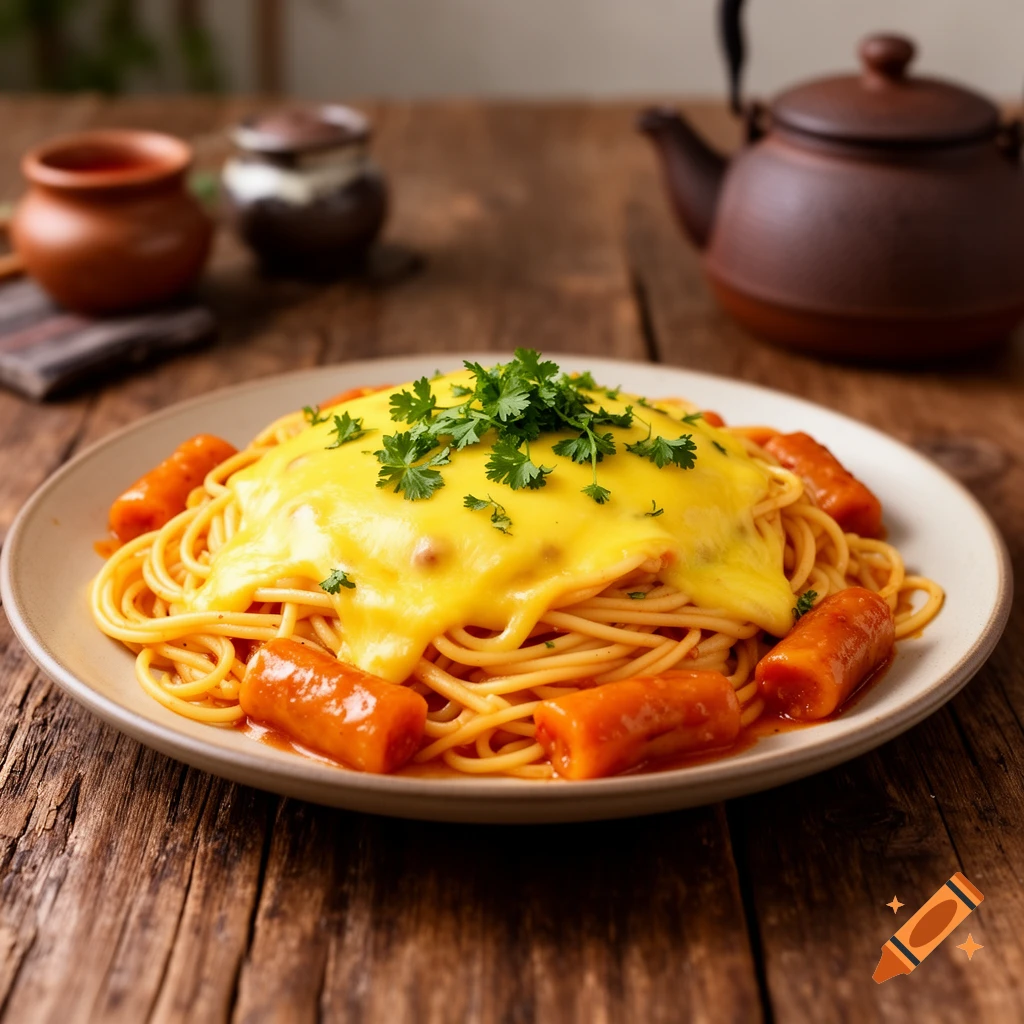 A plate of buldak carbonara spaghetti topped with melted cheese, fresh parsley, and tteokbokki on a rustic wooden table.