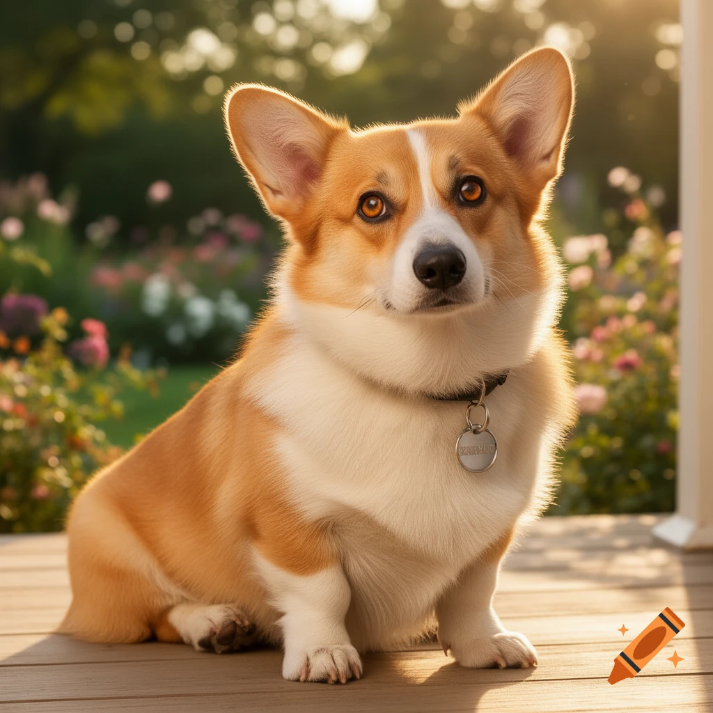 A cute corgi dog sits on a wooden porch with a garden in the background, bathed in golden sunlight.