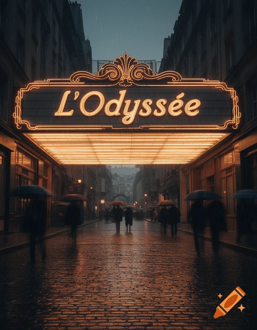 Rainy city street at dusk, people with umbrellas under a glowing neon 'L'Odyssée' theater sign.