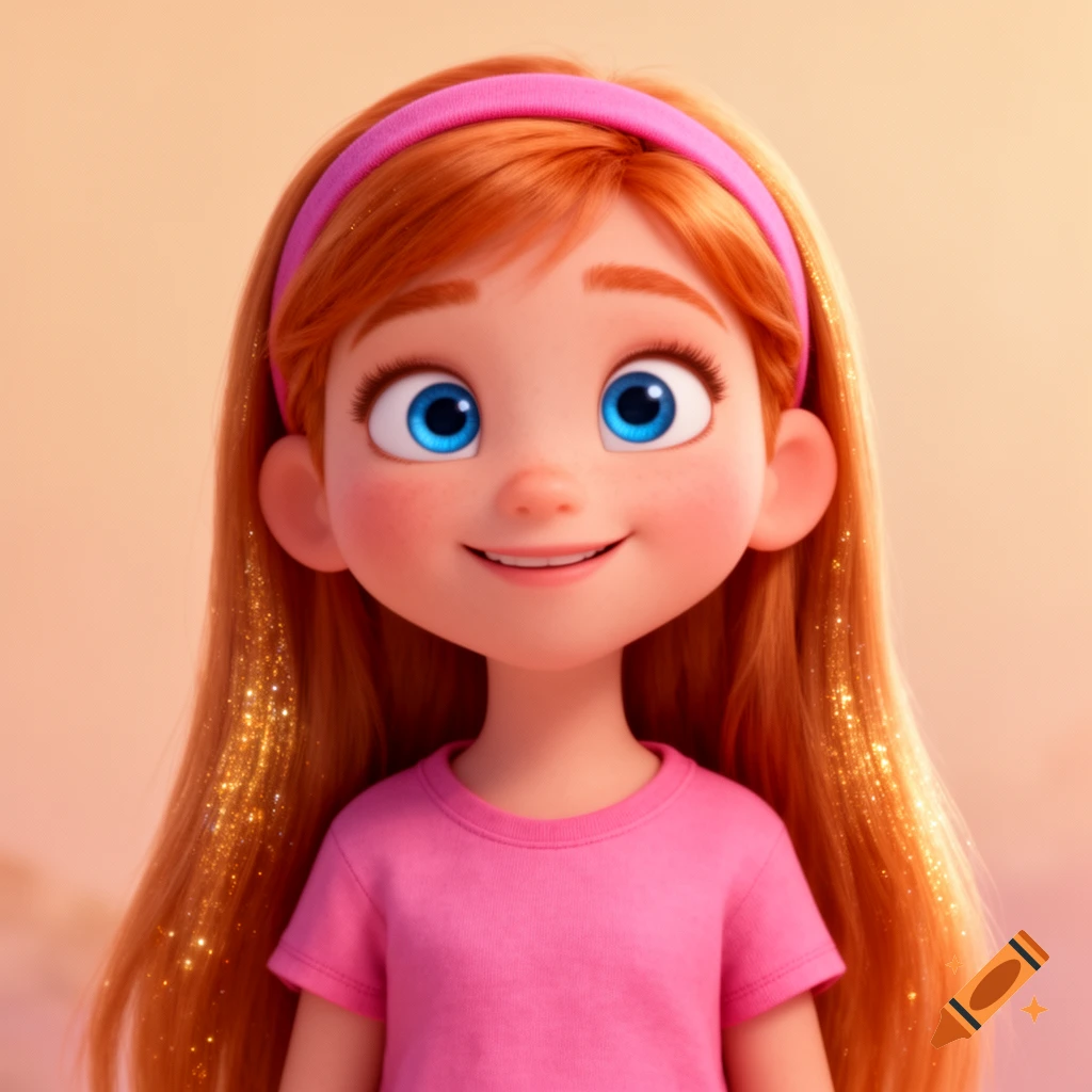 A smiling girl with long ginger hair, blue eyes, a pink headband, and a pink t-shirt in 3D Pixar style.