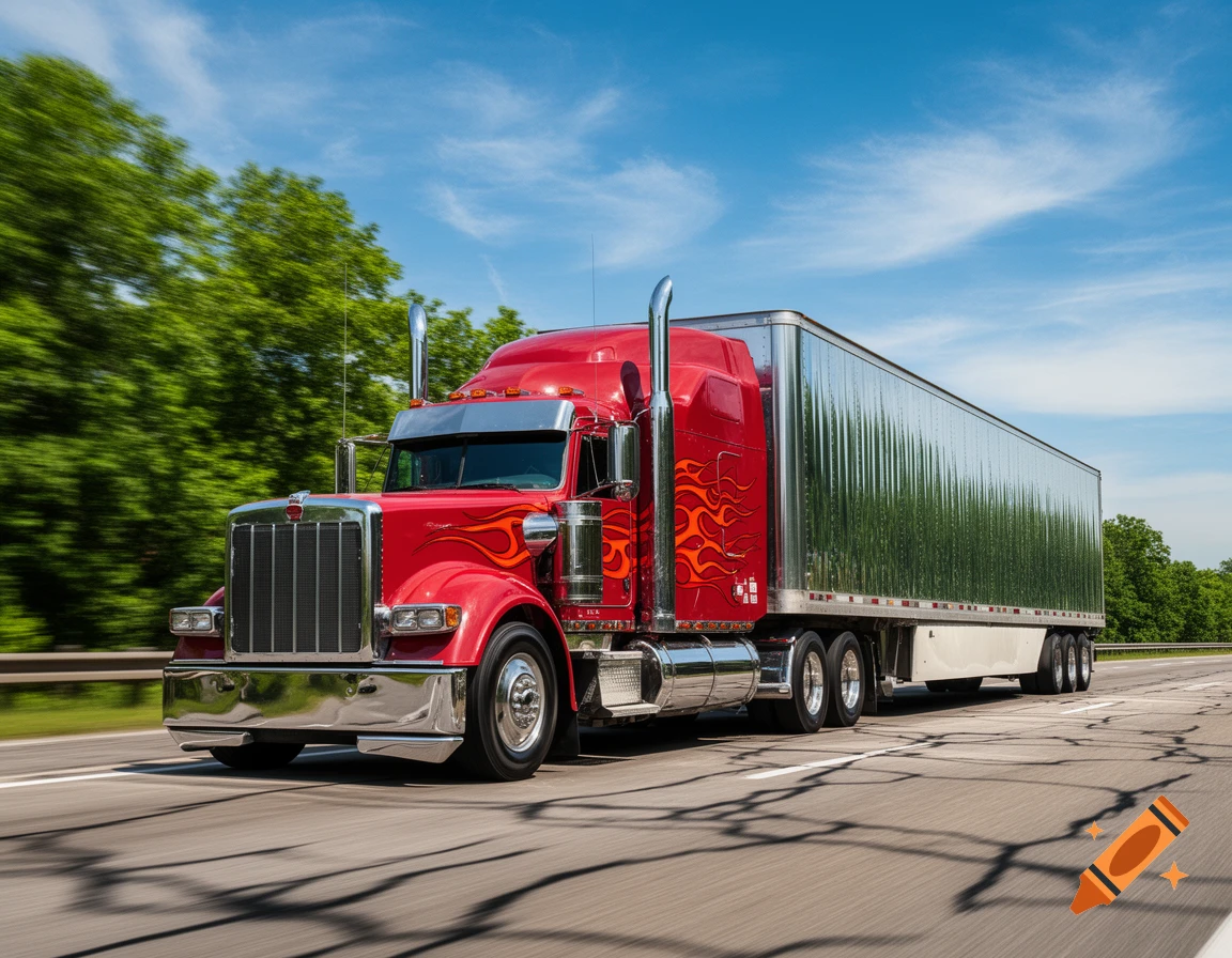A vibrant red semi-truck with chrome accents and orange flame decals drives along a highway under a clear blue sky, in a photorealistic style.