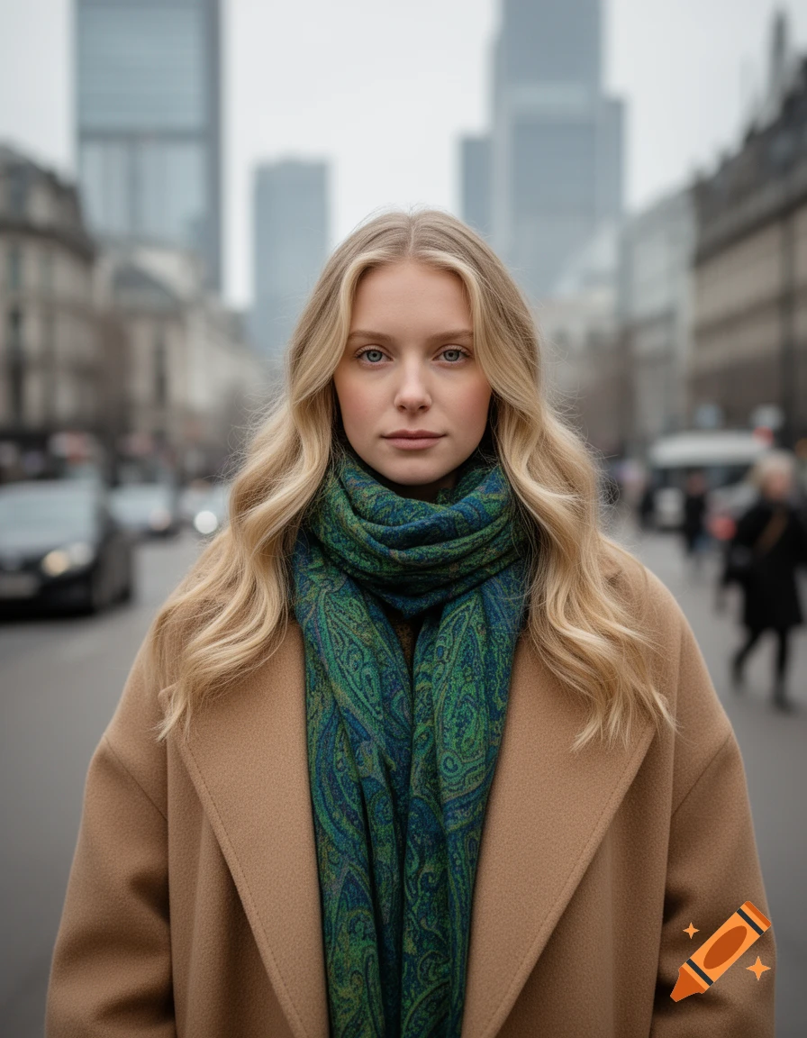 Photorealistic portrait of a young woman with long blonde hair, wearing ...