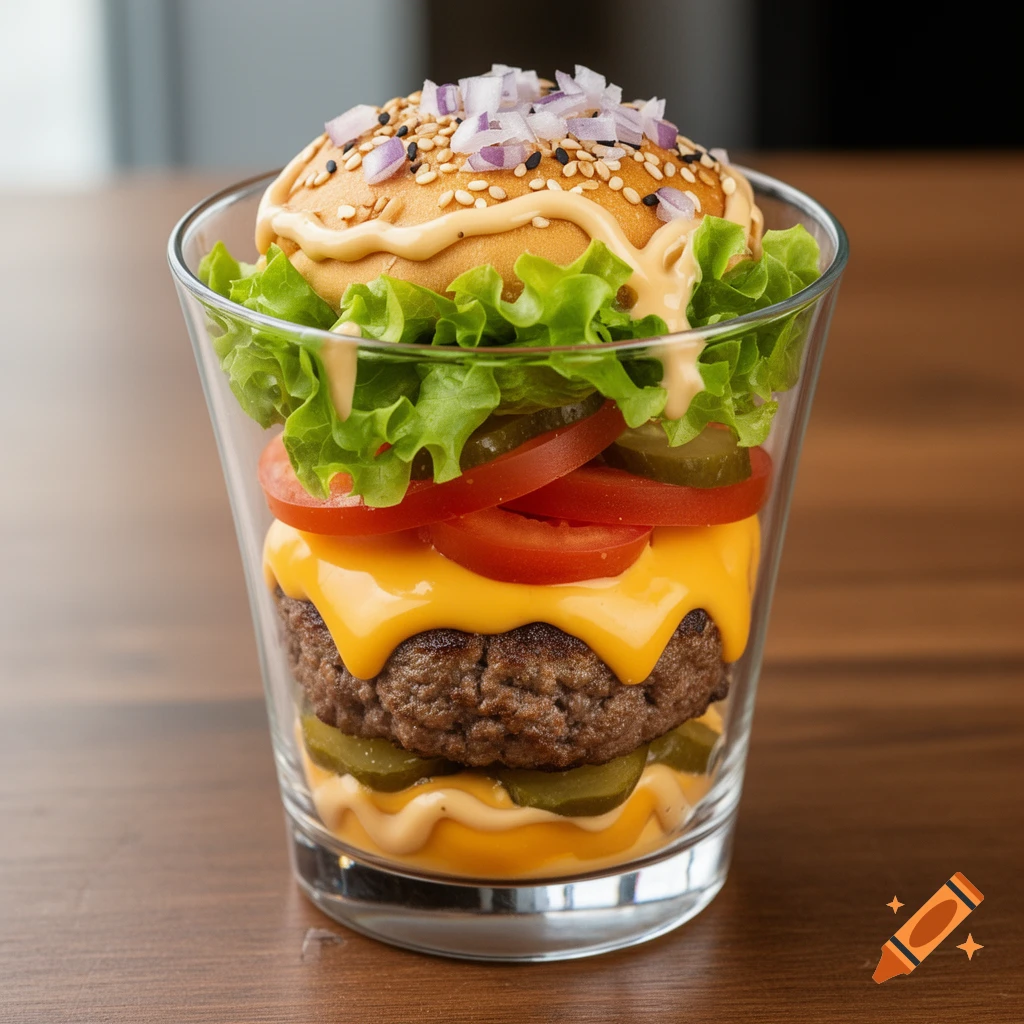 A photorealistic deconstructed burger in a glass, with layers of patty, cheese, pickles, tomato, lettuce, and a bun with onions.