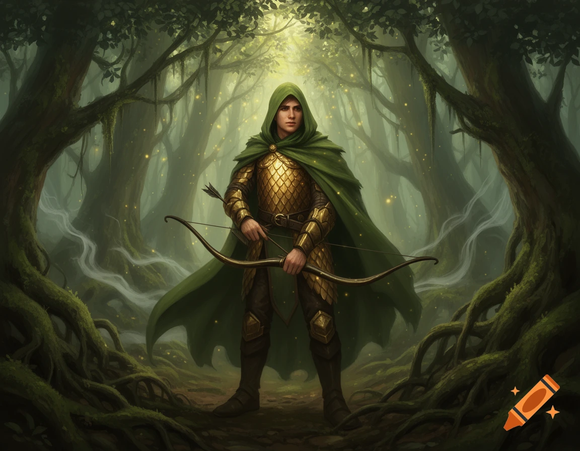 A male ranger in a green hooded cloak and golden scalemail armor stands in a mystical mossy forest, holding a bow and arrow. Digital painting.