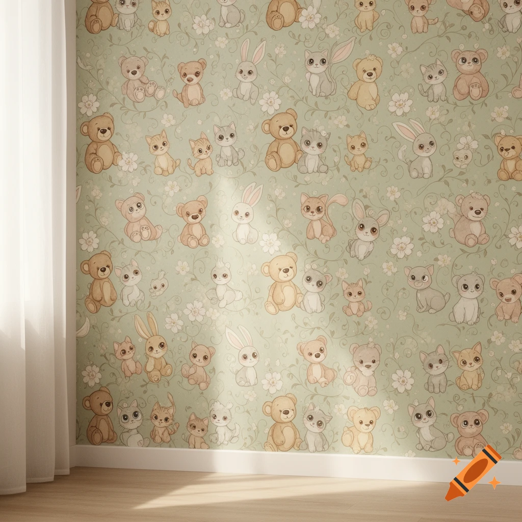 Cute cartoon animals like bears, bunnies, and cats on a light green floral wallpaper pattern in a room.