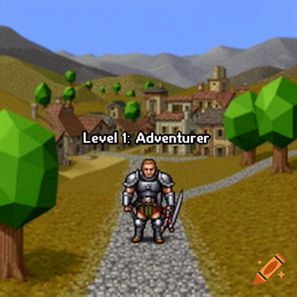 A pixel art RPG scene shows a knight-like adventurer on a stone path in a village with mountains. Text reads "Level 1: Adventurer".