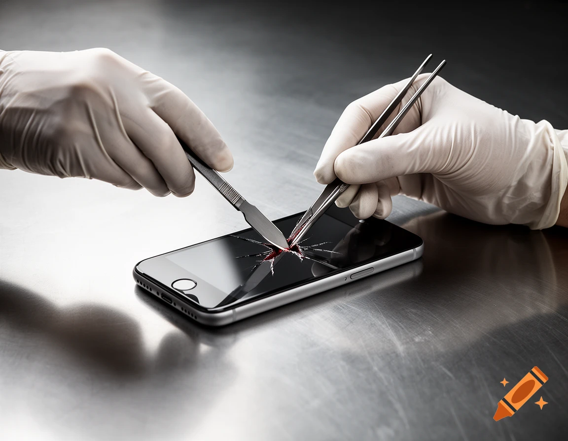 Gloved hands dissect a smartphone screen with a scalpel and tweezers on a metal surface, showing a red, cracked area.