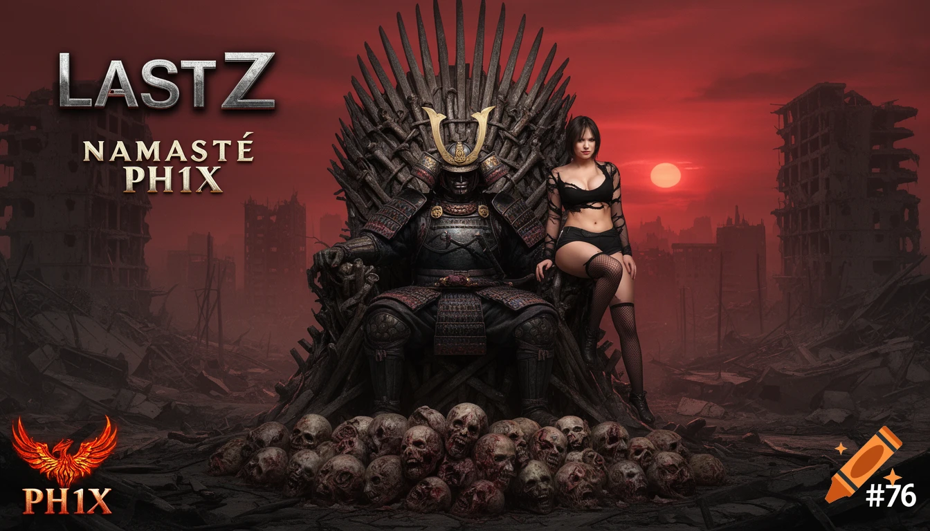 A dark, post-apocalyptic scene with a samurai in armor on a throne of debris and skulls, next to a woman in a revealing outfit. A red sky with a low sun hangs over ruined buildings. Text overlays read "LASTZ NAMASTÉ PH1X" and "#76".