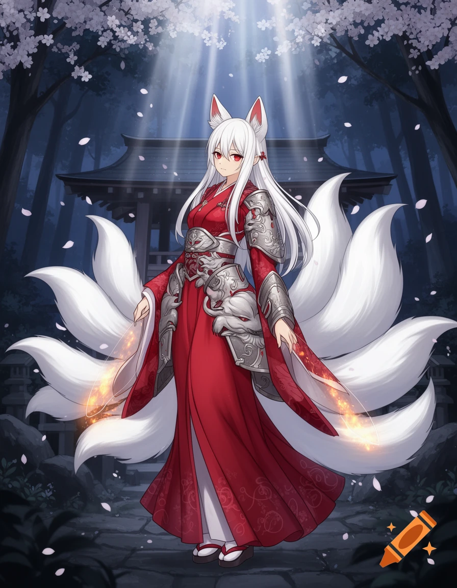 A white-haired anime kitsune woman in a red kimono and silver armor, holding magic, stands in a cherry blossom forest with a temple.