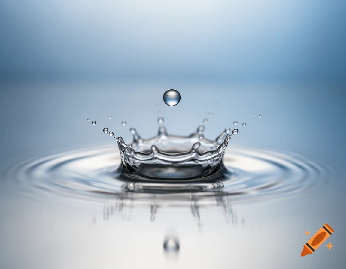 A close-up, photorealistic shot of a water drop falling, creating a crown splash and ripples on a reflective surface.