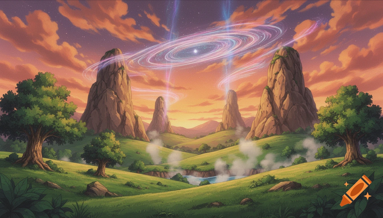 Vibrant anime-style fantasy landscape at sunset with towering rock ...