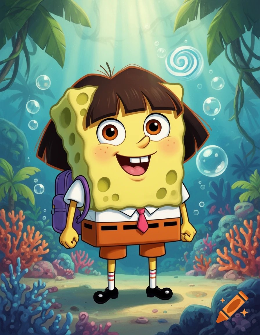 A cartoon character fusion of Dora the Explorer and SpongeBob SquarePants stands underwater on the seabed, wearing a backpack and big smile.