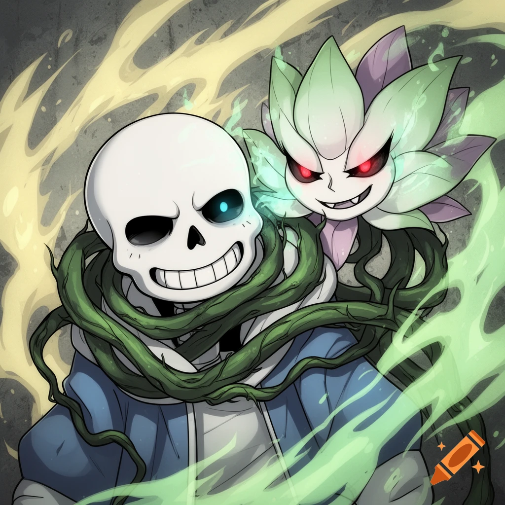 Anime art of Sans the skeleton, with a glowing blue eye and a wide smile, as Flowey's green vines wrap around him.