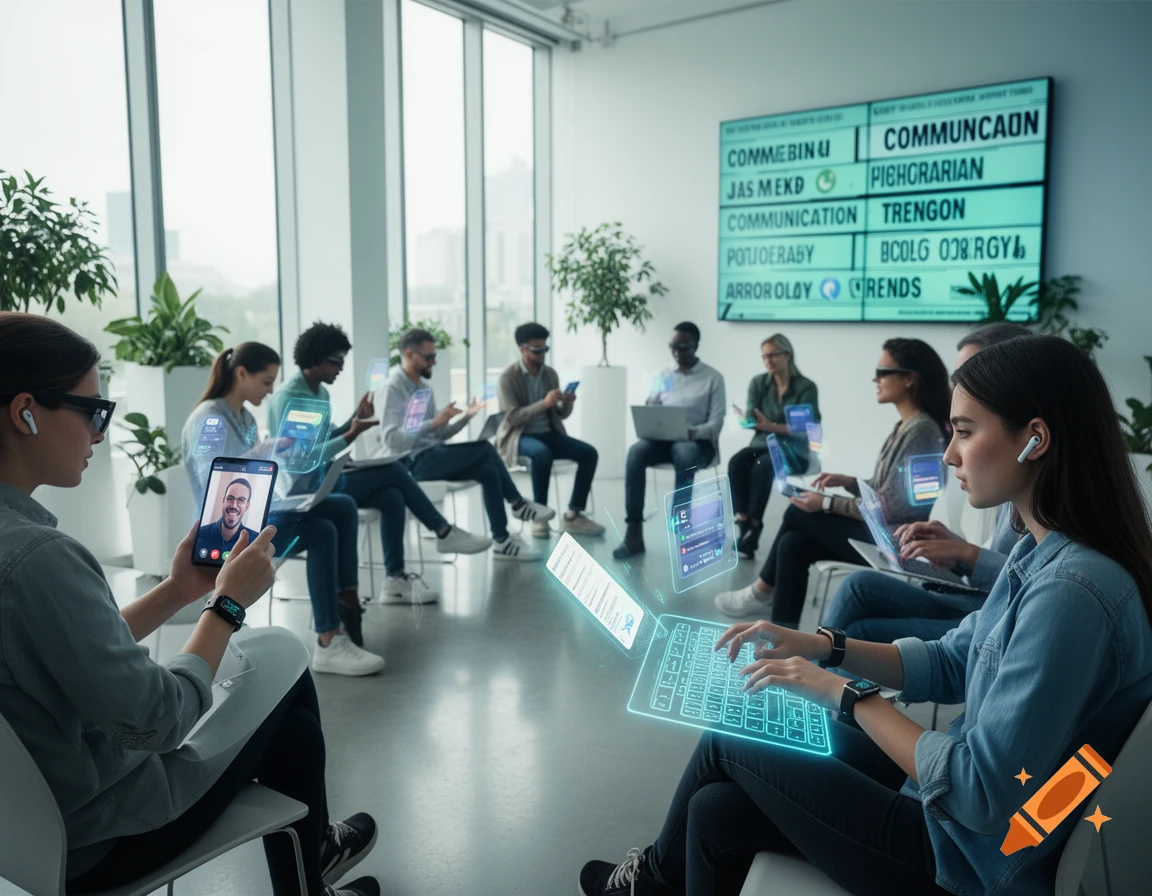 People in a modern office using holographic interfaces and virtual keyboards, a large screen displaying text in the background.