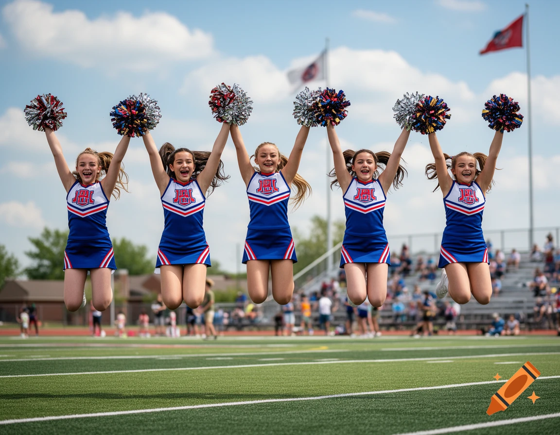 Five teenage cheerleaders in blue and red uniforms jump in unison on a green sports field under a blue sky.