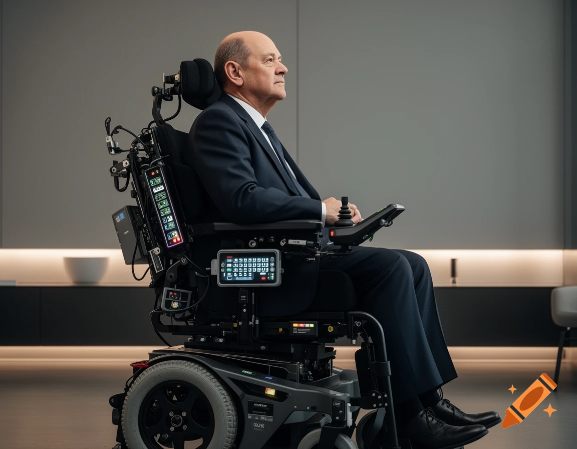 A man in a dark suit sits in a sophisticated, modern powered wheelchair in a minimalist room.